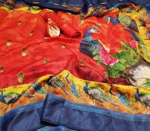Palimpsest Red Digital Printed Linen Zari Patta Saree with Blouse Piece
