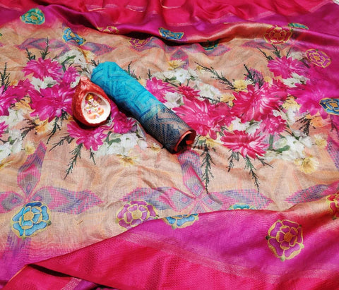 Nemesis Pink Digital Printed Linen Zari Patta Saree with Blouse Piece