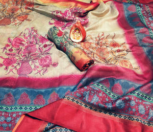 Murmurous Brown and Red Digital Printed Linen Zari Patta Saree with Blouse Piece