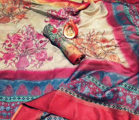 Murmurous Brown and Red Digital Printed Linen Zari Patta Saree with Blouse Piece