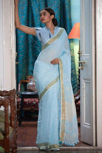 Most Stunning Firozi Digital Printed Linen Zari Patta Saree with Blouse Piece