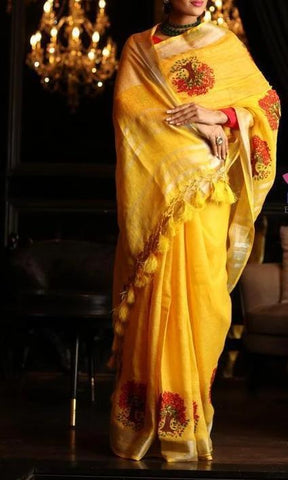 Inspiring Yellow Digital Printed Linen Zari Patta Saree with Blouse Piece