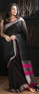 Most Flattering Black Digital Printed Linen Zari Patta Saree with Blouse Piece