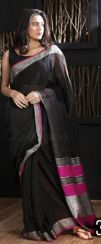 Most Flattering Black Digital Printed Linen Zari Patta Saree with Blouse Piece