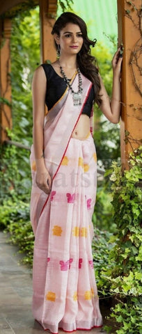 Stunner Beige Digital Printed Linen Zari Patta Saree with Blouse Piece