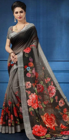 Super Classy Black & Grey Digital Printed Linen Zari Patta Saree with Blouse Piece