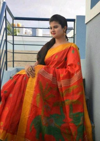 Super Extravagant Orange Digital Printed Linen Zari Patta Saree with Blouse Piece