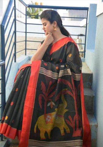 Traditional Black Digital Printed Linen Zari Patta Saree with Blouse Piece