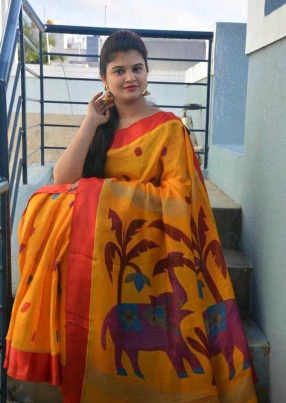 Ideal Yellow Digital Printed Linen Zari Patta Saree with Blouse Piece