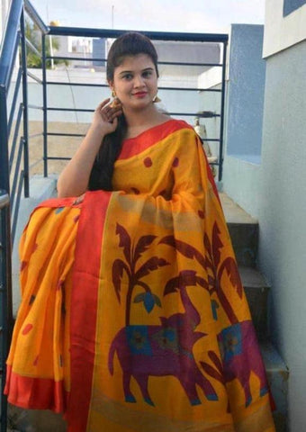 Ideal Yellow Digital Printed Linen Zari Patta Saree with Blouse Piece
