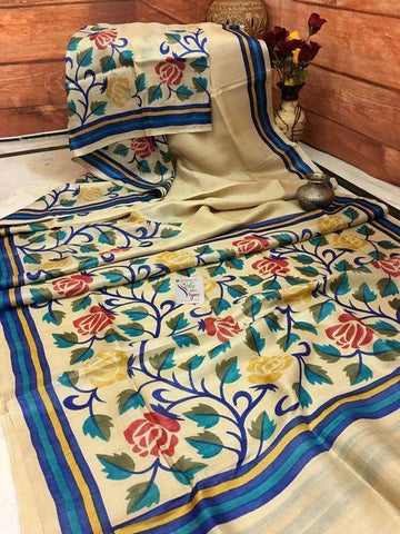 Trendy Beige Digital Printed Linen Zari Patta Saree with Dissemble Blouse Piece