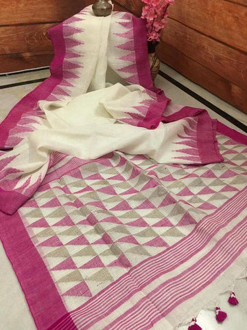 Innovative Beige and Pink Digital Printed Linen Zari Patta Saree with Efflorescence Blouse Piece