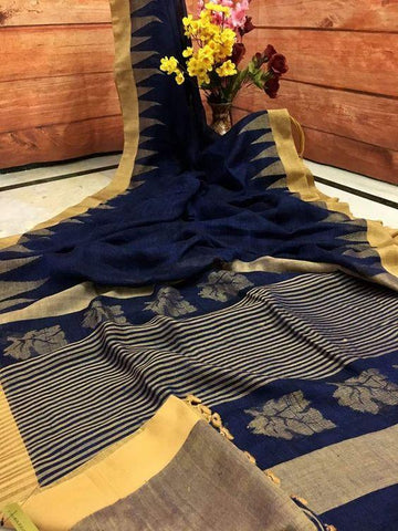Flattering Navy Blue Digital Printed Linen Zari Patta Saree with Eloquence Blouse Piece