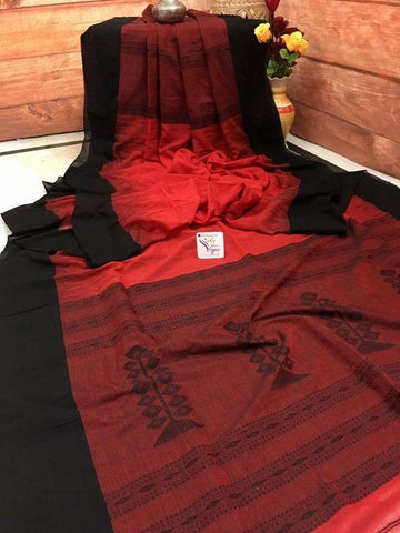 Pretty Red and Black Digital Printed Linen Zari Patta Saree with Ephemeral Blouse Piece