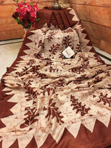 Lovely Brown Digital Printed Linen Zari Patta Saree with Forbearance Blouse Piece