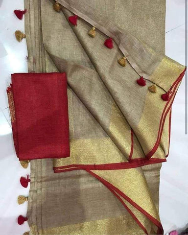 Gleaming Oat Digital Printed Linen Zari Patta Saree with Gossamer Blouse Piece