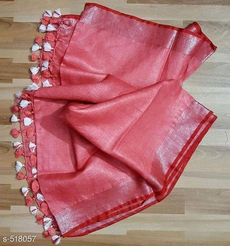 Sensational Tomato Digital Printed Linen Zari Patta Saree with Mellifluous Blouse Piece