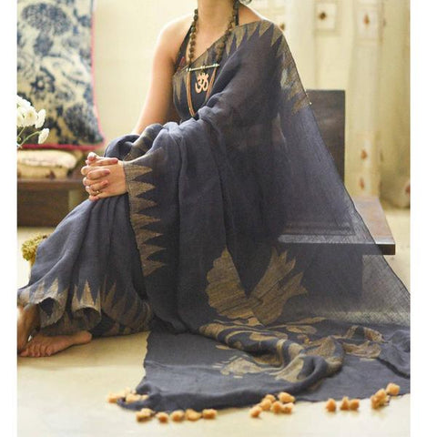 Mesmerising Grey Digital Printed Linen Zari Patta Saree with Panoply Blouse Piece