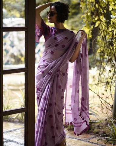 Skinny Voilate Digital Printed Linen Zari Patta Saree with Propinquity Blouse Piece