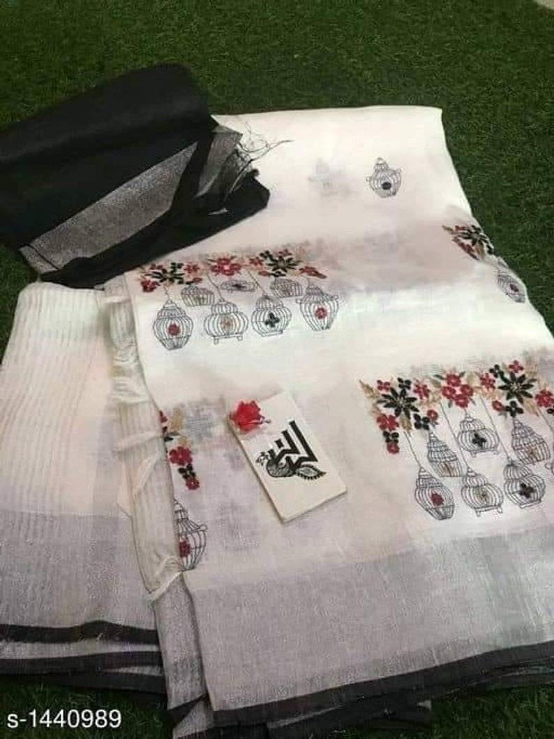 Phenomenal White Digital Printed Linen Zari Patta Saree with Seraglio Blouse Piece