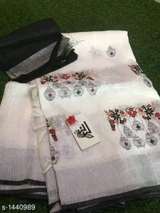 Phenomenal White Digital Printed Linen Zari Patta Saree with Seraglio Blouse Piece