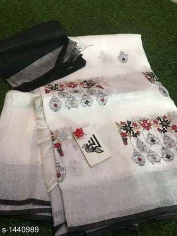 Phenomenal White Digital Printed Linen Zari Patta Saree with Seraglio Blouse Piece