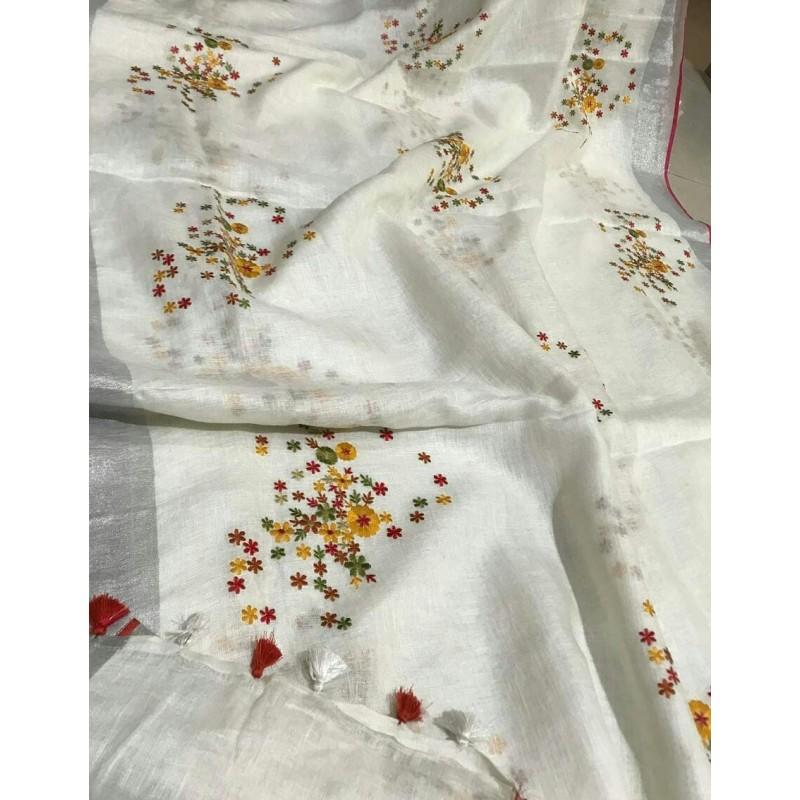 Outstanding White Digital Printed Linen Zari Patta Saree with Serendipity Blouse Piece