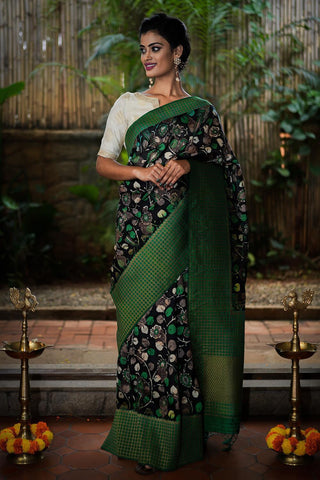 Traditional Black and Green Digital Printed Linen Zari Patta Saree with Charming Blouse Piece
