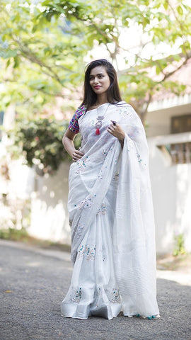 Ideal White Digital Printed Linen Zari Patta Saree with Classy Blouse Piece